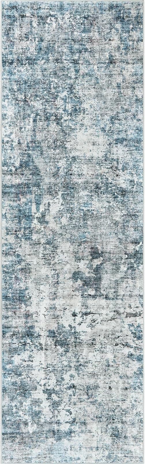 Washable Runner Rug, 2'6" x 8' Non-Slip Kitchen Vintage Foldable Hallway Runners for Entryway, Laundry, Bedroom, Blue