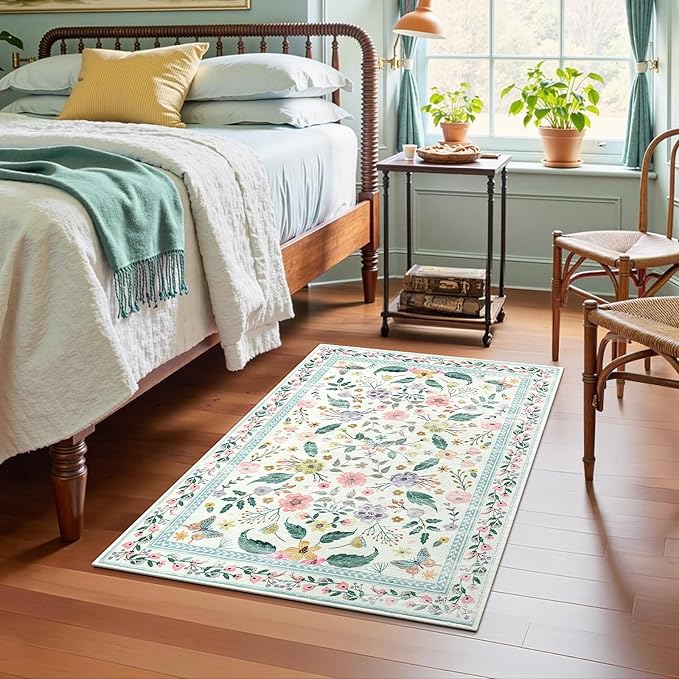 Terrug 2x3 Green Floral Area Rug for Entryway,Boho Machine Washable Throw Rugs with Non-Slip Blacking for Kitchen,Small Flower Carpet for Bedroom Front Door Laundry Floor Decor