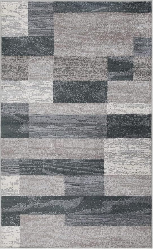SUPERIOR Indoor Area Rug, Jute Backed, Modern Geometric Patchwork Floor Decor for Bedroom, Office, Living Room, Entryway, Hardwood Floors, Rockwood Collection, 2' x 3', Blue-Taupe