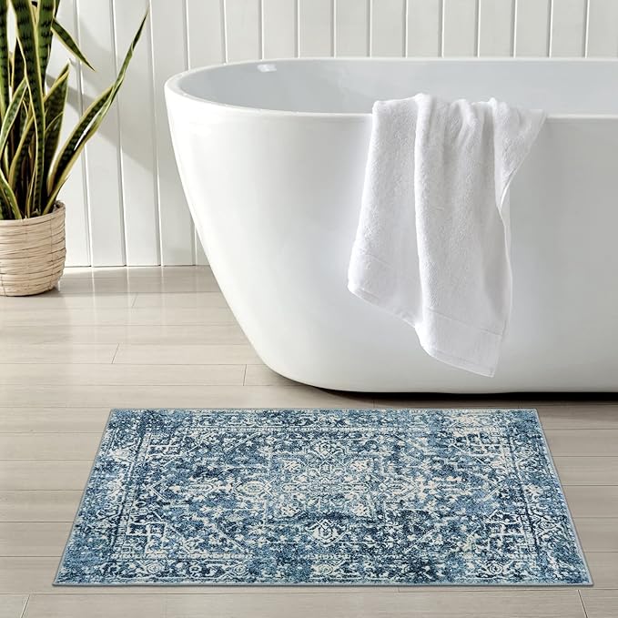 Morebes Boho 2x3 Blue Bathroom Rugs, Washable Small Indoor Door Mat Vintage Medallion Kitchen Rug Non-Slip, Soft Non-Shedding Throw Carpet for Bedroom Entrance Bath
