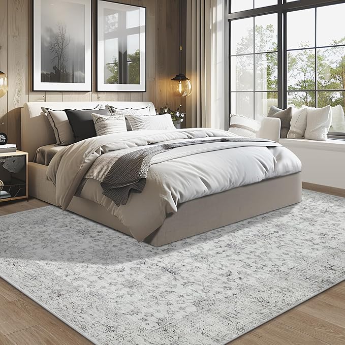 Washable Rugs 8x10 Area Rugs, Soft Vintage Living Room Rug with Anti-Skid Backing Stain Resistant Thin Indoor Carpet Large Area Rug for Bedroom Under Dining Room Table Nursery Entryway-Light Gray