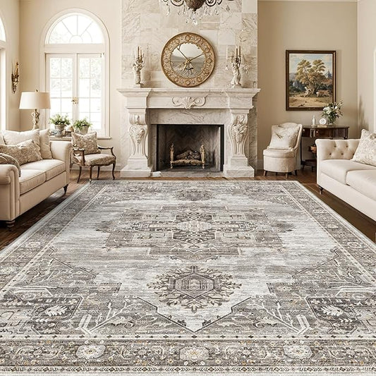 Living Room 10x14 Area Rugs - Washable Lightweight Area Rug Stain Resistant Carpet Vintage Soft Rugs for Bedroom with Non Slip Backing Indoor Ultra-Thin Rugs Home Decor 10x14 Grey
