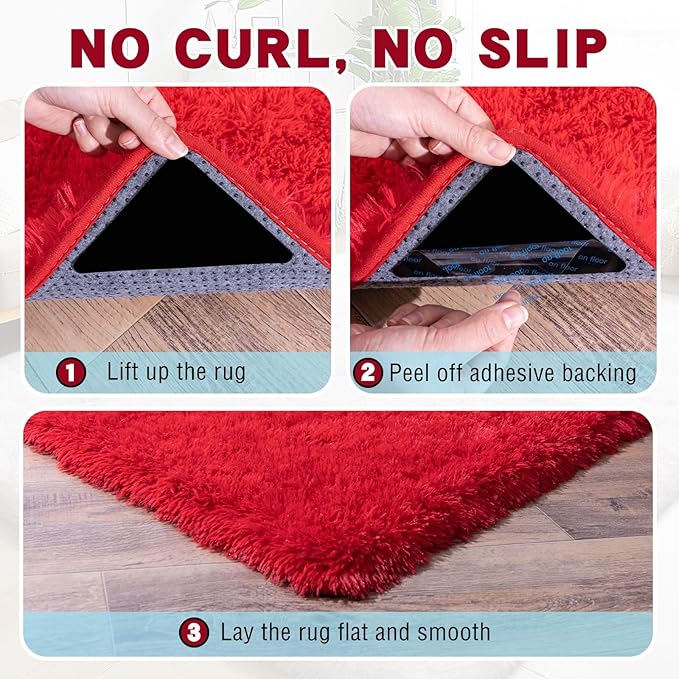 3x5 Area Rug for Bedroom, Red Rugs for Living Room Nursery Kids Room Dorm Home Decor Aesthetic, Fluffy Shaggy Rug with 4 Anti-Slip Carpet Tapes