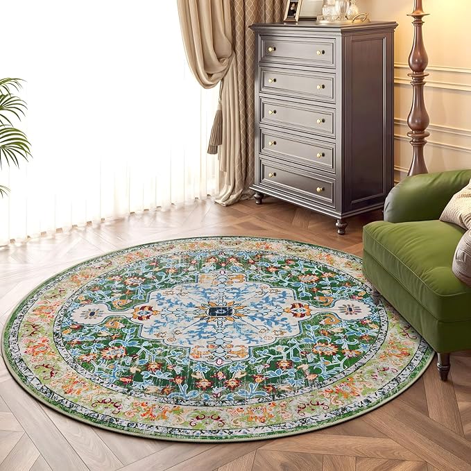 U'Artlines Boho Vintage Area Rug 4ft Machine Washable Low Pile Soft Floor Carpet Non Slip Non Shedding Accent Rug for Living Room Bedroom Entryway Dining Room Office Green