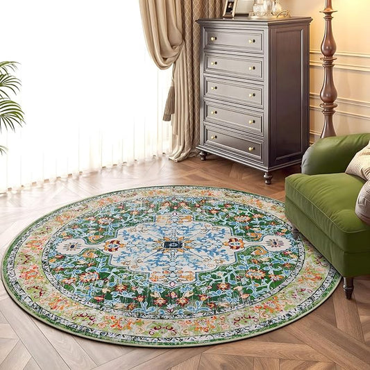 U'Artlines Boho Vintage Area Rug 4ft Machine Washable Low Pile Soft Floor Carpet Non Slip Non Shedding Accent Rug for Living Room Bedroom Entryway Dining Room Office Green