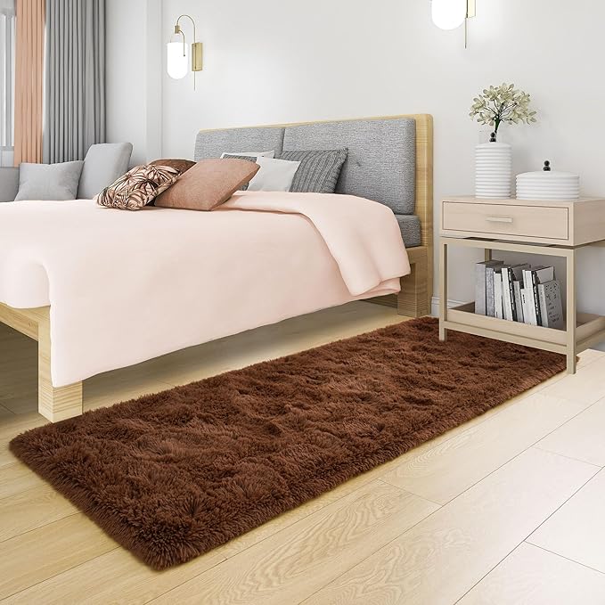 Tepook Soft Runner Rugs for Bedroom 2x6 ft with Rubber Backing, Brown Fluffy Rugs for Living Room, Shag Bedside Rug Fuzzy Plush Carpet for Room, Area Rug for Dorm Nursery Hallway Indoor Home Decor