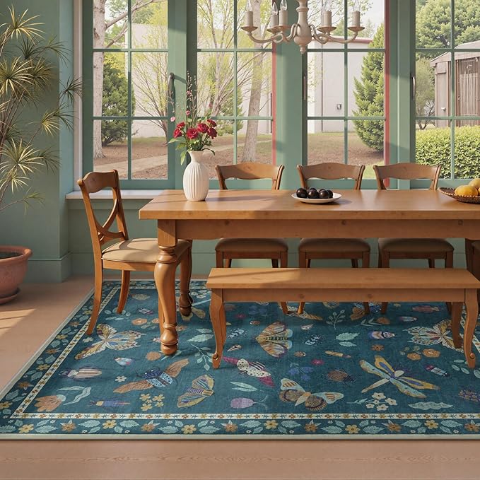 Beeiva Insect Print Washable Rugs 5x7, Soft Butterfly Playroom Rug Non Slip, Low Pile Thin Area Rugs for Living Room Foldable Large Carpet for Dining Room, Kids Room, Bedroom - Dark Green