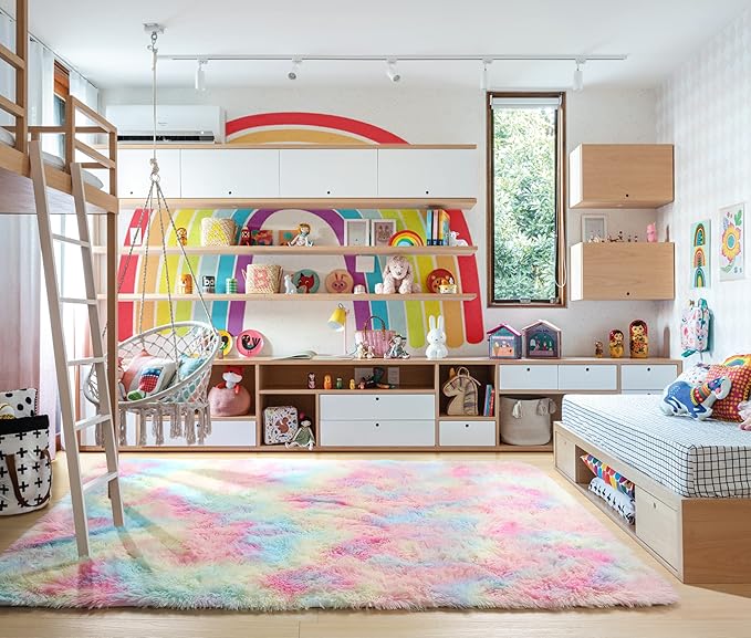 RUGTUDER 5x8 Rainbow Colorful Area Rugs for Girls Bedroom, Kawaii Princess Shaggy Rugs for Kids Playroom, Plush Soft Cute Baby Nursery Carpet, Toddler Girl Room Decor, Home Decor Aesthetic