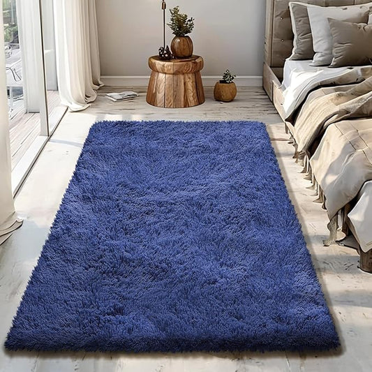Blue Fluffy Rug Shaggy Area Rug, 3x5 Area Rugs for Girls Bedroom, Soft Cute Baby Play Mat, Indoor Floor Carpet for Teen, Nursery, Preppy Dorm, Plush Aesthetic Bedside Rug