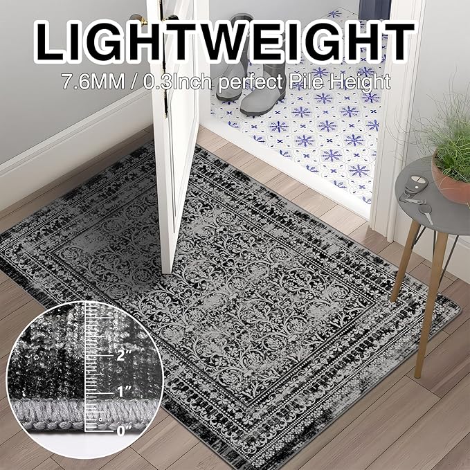 2x3 Small Washable Non-Slip Vintage Chenille Area Rug,Low Pile Distressed Floral Carpet for Entryway Kitchen, Boho Farmhouse Stain Resistant Indoor Rug