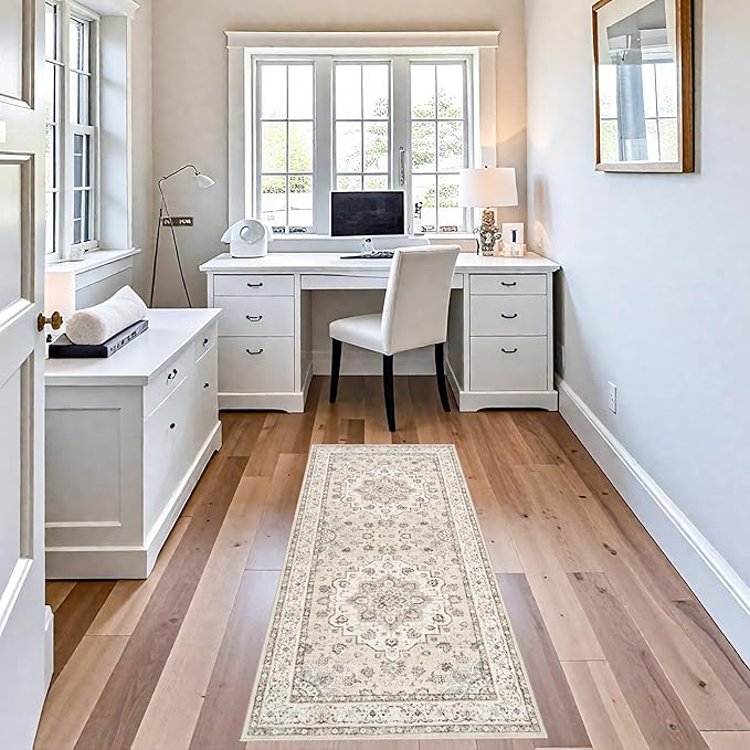 Washable Hallway 2x5 Runner Rugs: Oriental Non-Slip Kitchen Carpet Distressed Low Pile Indoor Rug for Bedroom Entryway Vintage Soft Non Shedding Floor Mat for Living Room Bathroom (2x5,Cream/Beige)