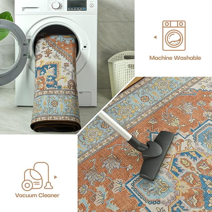 YJ.GWL Large Area Rug for Living Room, 5x7 Machine Washable Boho Rug for Bedroom, Low Pile Lightweight Thin Rugs Floral Vintage Distress Print Pattern Carpet for Dining Room, Brick/Multi