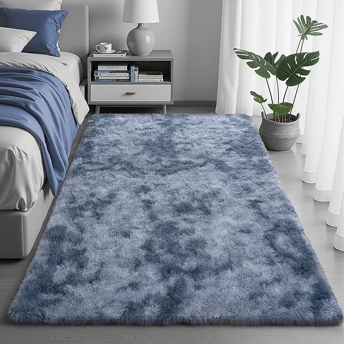 Zentavio Area Rugs for Living Room Rugs for Bedroom 4x6 Carpet Fluffy Fuzzy Soft Shag Aesthetic Plush High Pile Gray Throw Rug for Nursery Kids Room Dorm Tie-Dyed Blue Grey