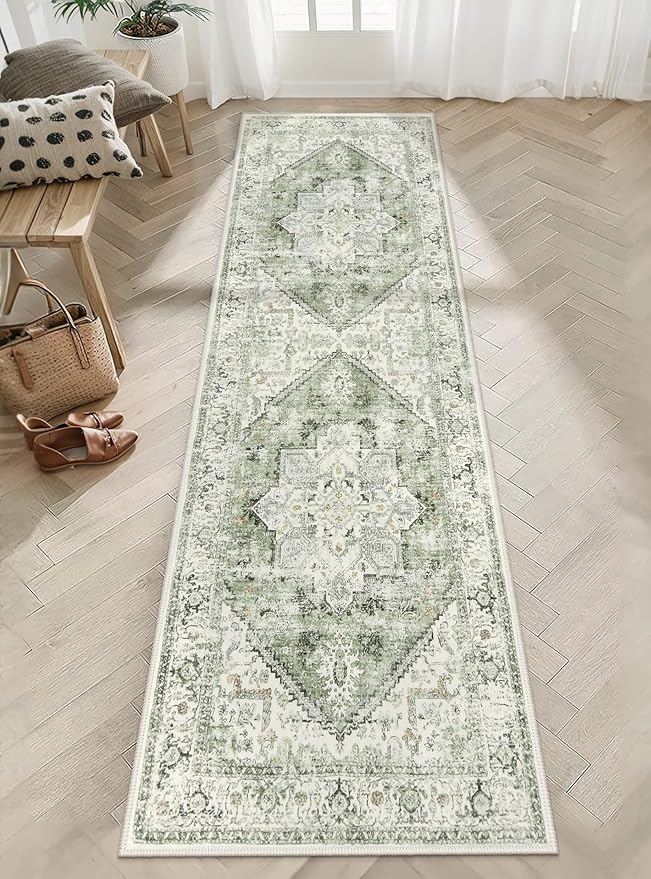 LIVEBOX Sage Green Runner Rug Non-Slip 2.5x8 - Oriental Bedroom Rugs Long Hallway Rugs for Home Decor, Low-Pile Vintage Carpet for Bathroom, Non-Slip Soft Carpet Throw Rug for Laundry Room