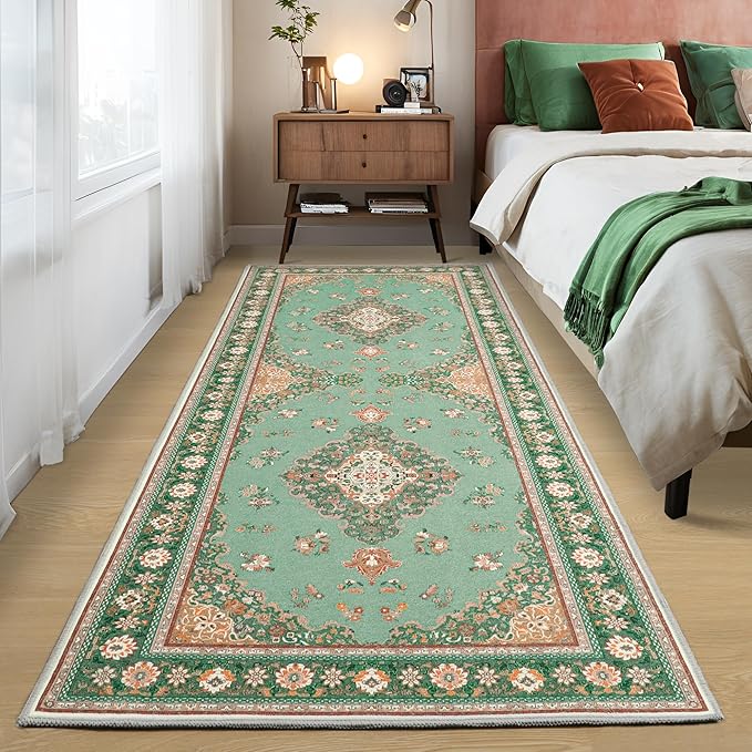 Tepook 2x6 Vintage Runner Rug - Low Pile Washable Non-Slip Carpet for Hallway, Kitchen, Bedroom, Entryway, Laundry Room, Bathroom - Indoor Throw Rug in Green