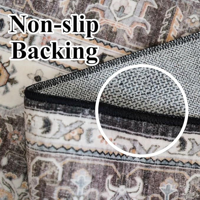 Washable Area Rug 9x12 - Bedroom Living Room Large Indoor Rugs Soft Oriental Vintage Rugs Non-Slip Backing Stain Resistant for Farmhouse Kitchen (9x12 Brown)