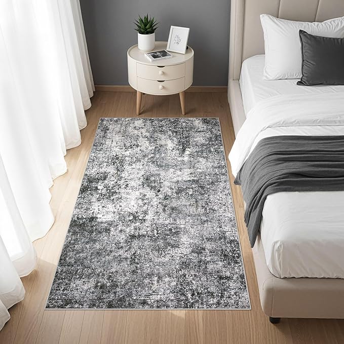 Washable Area Rug: 3x5 ft Abstract Small Rugs for Entryway Kitchen Living Room Bedroom - Non Slip Modern Neutral Carpet Indoor Front Door - Grey