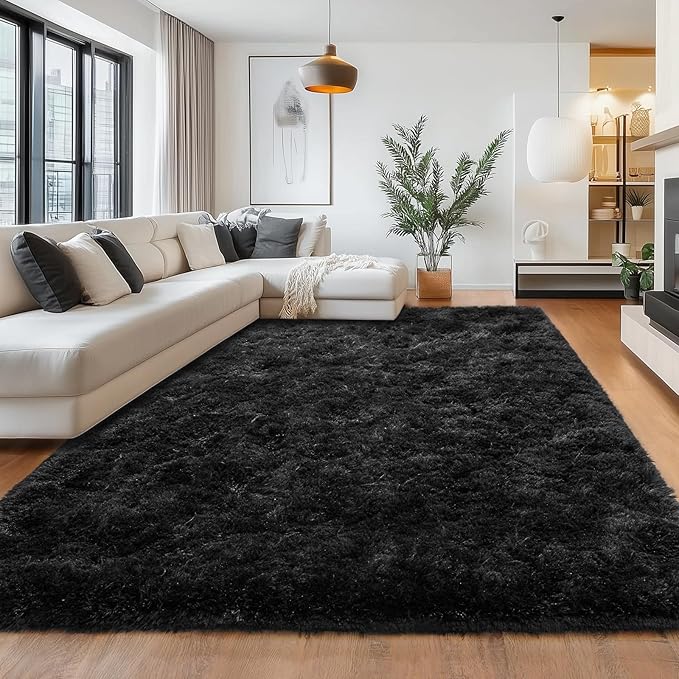 Area Rugs for Bedroom Living Room, Black Non-Slip Fluffy Shag Floor Carpet, 4x6 Shaggy Soft Plush High Pile Indoor Rug for Nursery Kids Room Dorm Home Decor Aesthetic