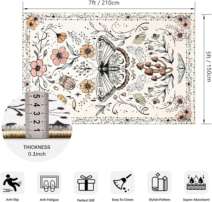 Vintage Floral Rugs, Ultra Thin Light Weight 5x7 Area Rugs Washable, Cute Retro Boho Botanical Area Rug for Bedroom Kitchen Dining Living Room Entryway Hippie Witchcraft Accent Indoor Floor Carpet