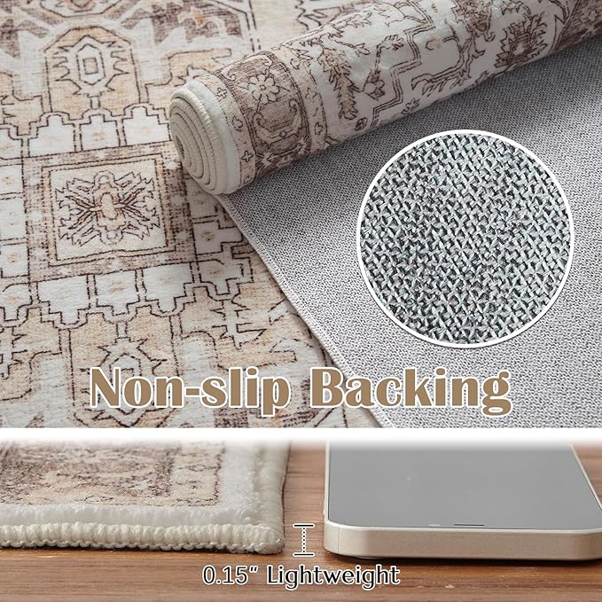 jinchan Area Rug 3x5 Entryway Washable Rug Soft Thin Vintage Low Pile Non Slip Distressed Carpet Indoor Doormat Oriental Medallion Rug for Bedside Bathroom Bedroom Laundry Room Dining Room Taupe Multi