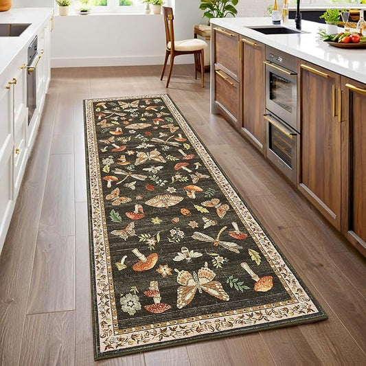 2.5x8 Runner Rug for Hallway Washable Kitchen Rugs Non Slip with Rubber Back Mushroom Soft Low-Pile Stain Resistant Foldable Indoor Carpet for Entryway Laundry Room Floor Mats Brown