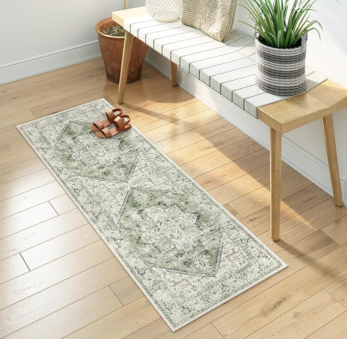 LIVEBOX Washable Runner 2x6 - Vintage Tribal Kitchen Rug, Long Entryway, Low-Pile for Bedroom, Non-Skid Soft Carpet Throw for Bathroom Laundry Room Hallway Sage