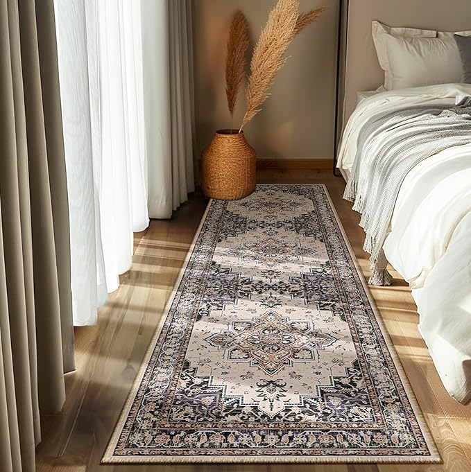 BESTSWEETIE 2x3 Area Rugs for Living Room, Washable Ultra Soft Boho Vintage Print Pattern Rug Non Slip Low Pile Carpet for Dining Room Bedroom Entryway Indoor-Khaki/Beige/Purple/Black
