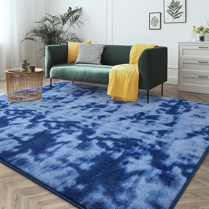 FlyDOIT Large Area Rugs for Living Room Bedroom, 5x8 Ft Tie-Dyed Navy Blue Ultra Soft Comfy Thickened Memory-Foam Indoor Carpets, Cozy Modern Floor Rug for Boys Girls Playroom Dorm Nursery Home Décor