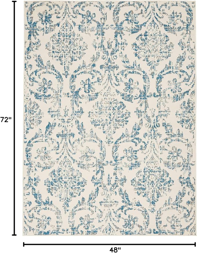 Nourison Jubilant Damask Ivory/Blue 4' x 6' Area -Rug, Easy -Cleaning, Non Shedding, Bed Room, Living Room, Dining Room, Kitchen (4x6)