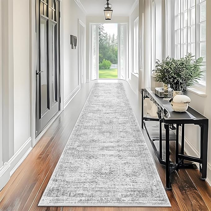 Runner Rug 2'6" x 10' Washable Non-Slip Runner Rugs for Kitchen Bathroom Laundry Room Vintage Ultra Thin Runners for Hallway Entryway Grey