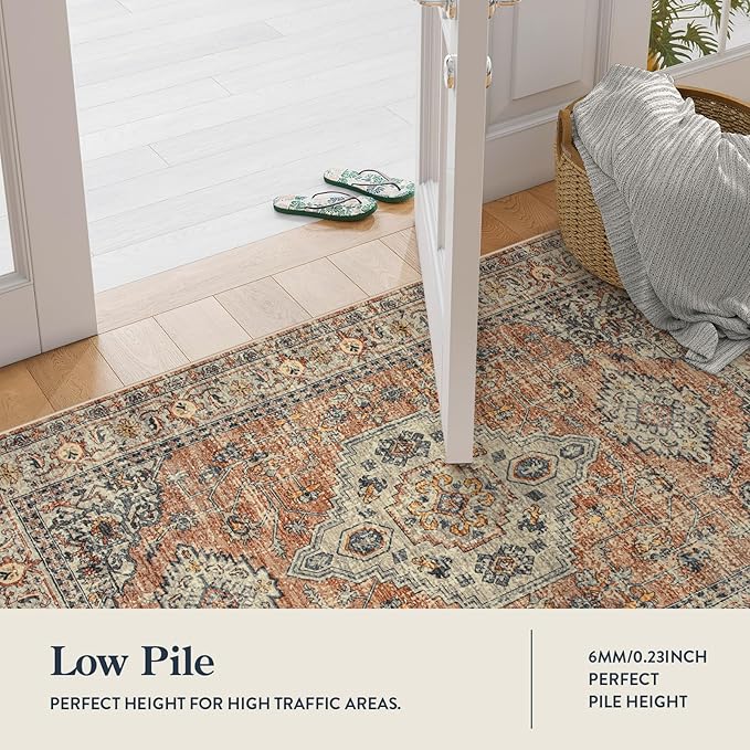 Lahome Oriental Washable Rug Runners for Hallways, 2x5 Kitchen Runner Rug Non Slip with Rubber Backing Ultra-Thin Vintage Carpet for Bedroom Bathroom, Peach/Orange
