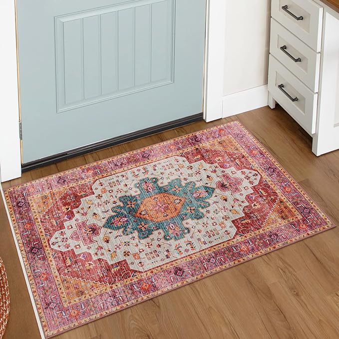 Moynesa Ultra-Thin Washable Runner Rug - Pink 2x4 Bedroom Bathroom Rug Runner Non-Slip Kitchen Rugs, Vintage Stain Resistance Low Pile Entryway Carpet Runner for Hallway Laundry Room