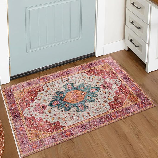 Moynesa Ultra-Thin Washable Runner Rug - Pink 2x4 Bedroom Bathroom Rug Runner Non-Slip Kitchen Rugs, Vintage Stain Resistance Low Pile Entryway Carpet Runner for Hallway Laundry Room