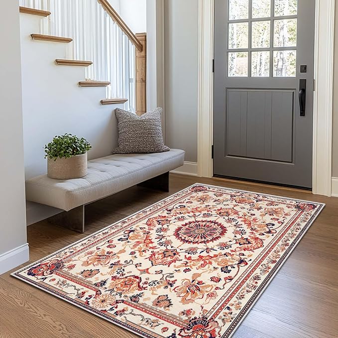 3x5 Entryway Rug Boho Orange Area Rug Indoor Entrance Non Slip Door Mat Stain Resistant Washable Machine Soft Low Pile Small Carpet Bathroom Kitchen