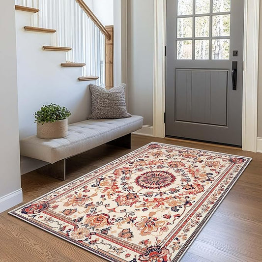 3x5 Entryway Rug Boho Orange Area Rug Indoor Entrance Non Slip Door Mat Stain Resistant Washable Machine Soft Low Pile Small Carpet Bathroom Kitchen