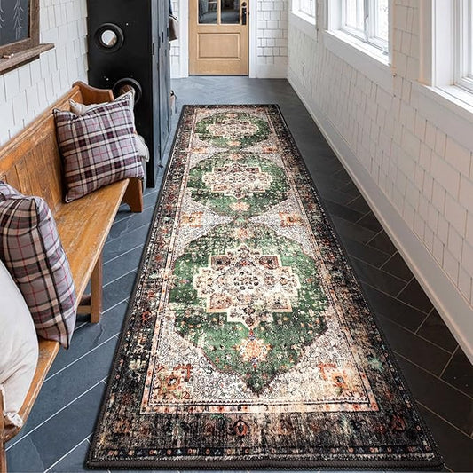 2x8 Runner Rug Green Boho Area Rugs for Hallway Indoor Laundry Room Bathroom Lightweight Non Slip Vintage Rug Washable Retro Distressed Carpet