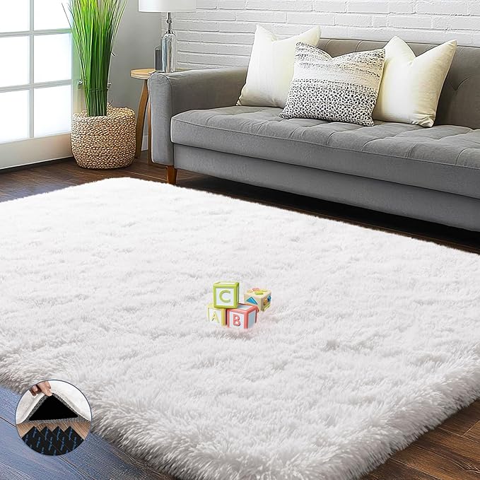 4x6 Area Rug for Bedroom, White Rugs for Living Room Nursery Kids Room Dorm Home Decor Aesthetic, Fluffy Shaggy Rug with 4 Anti-Slip Carpet Tapes
