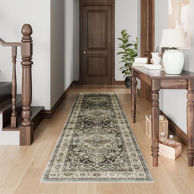 Dripex 2x8 Runner Rug, Machine Washable Non Slip Area Rug,Boho Kitchen Runner Rug, 0.24" Low Pile Vintage Rug, Floor Carpet for Entryway, Hallway, Kitchen and Corridor,Dark Blue and Green