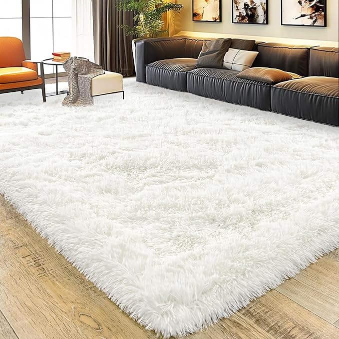 Ultra Fluffy Area Rugs for Living Room Bedroom, 6x9 Fuzzy Large Living Room Rugs, Thick Shag Rug for Dorm, Soft Non Slip Kids Girls Boys Rug for Home Decor Aesthetic, Cream White