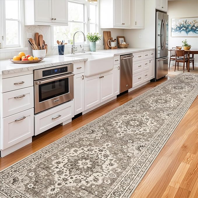 Washable Oriental Hallway Runner Rug - 3x16 Rugs for Living Room Soft Carpet for Bedroom Kitchen Waterproof Floral Distressed Indoor Stain Resistant Non-Shedding Floor Carpets (Beige, 3X16)