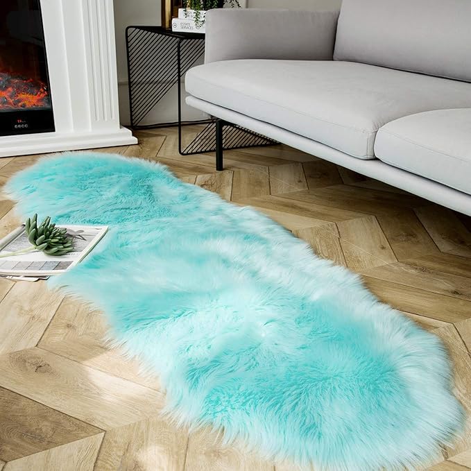 Ashler faux fur rug, Fluffy Shaggy Area Rug Ultra Soft 2 x 6 Feet Sheepskin Fur Rug, Turquoise Fuzzy Rug Machine Washable Shag Rug, Nursery Decor Throw Rugs for Bedroom, kids room, Living Room