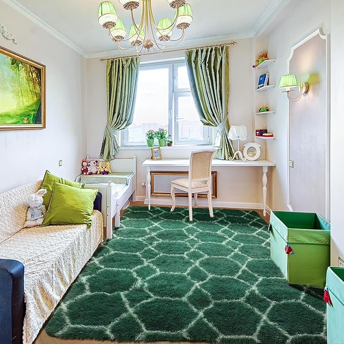 ONASAR Area Rugs 4x6 for Bedroom Living Room, Fluffy Geometric Moroccan Dark Green and White Trellis Rug for Home Decor, Soft Shaggy Plush Floor Carpet for Kids Teen Nursery Dorm Office