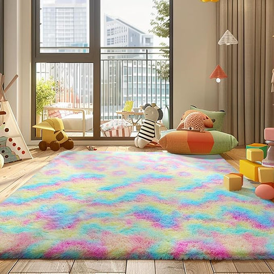 Rainbow Fluffy Rug Shaggy Area Rug, 3x5 Area Rugs for Girls Bedroom, Soft Cute Baby Play Mat, Indoor Floor Carpet for Teen, Nursery, Preppy Dorm, Plush Aesthetic Bedside Rug