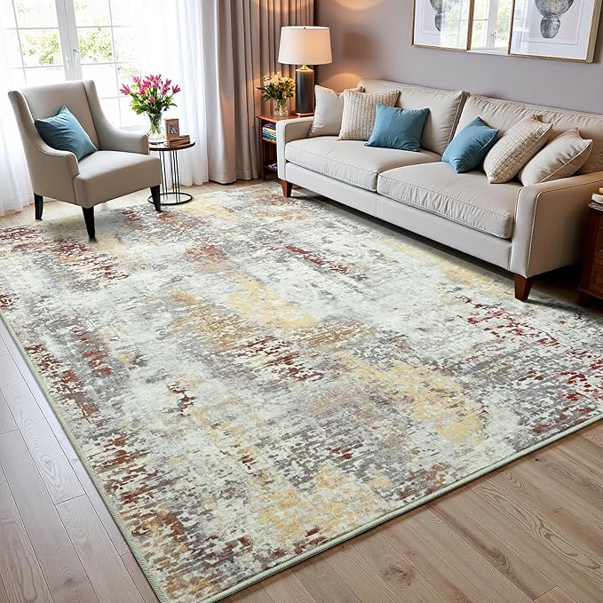 3x5 Washable Area Rug for Living Room Bedroom, Modern Abstract Non-Slip Rugs, Tan Low Pile Soft Stain Resistant Carpet for Dining Room, Kitchen, Office, Dorm, Bedside Decor