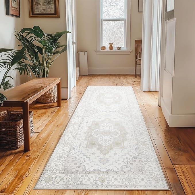 Washable 2x6 Area Rugs, Rugs for Living Room, Low-Pile Water&Stain Resistant Carpet Vintage Distressed Printed Non-Slip Carpet for Bedroom Bathroom Kitchen-Ivory