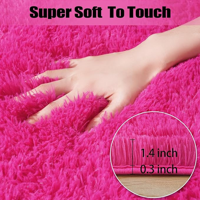 2x3 Rug for Bedroom, Fluffy Area Rugs for Living Room, Small Soft Shag Fuzzy Shaggy Carpets for Kids Boys and Girls Dorm with 4 Non-Slip Rug Tapes for Room Home Decor (2ft x 3ft, Hot Pink)