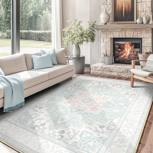 BESTSWEETIE 8x10 Area Rugs for Living Room, Washable Ultra Soft Boho Vintage Print Pattern Rug Non Slip Low Pile Carpet for Dining Room Bedroom Entryway Indoor-Light Blue