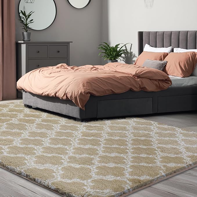 Luxury Area Rug 6x9 Feet Shag Rugs for Living Room, High Pile Fluffy Carpet for Bedroom, Kids Room, Nursery, Home Decor, Geometric, Beige/White