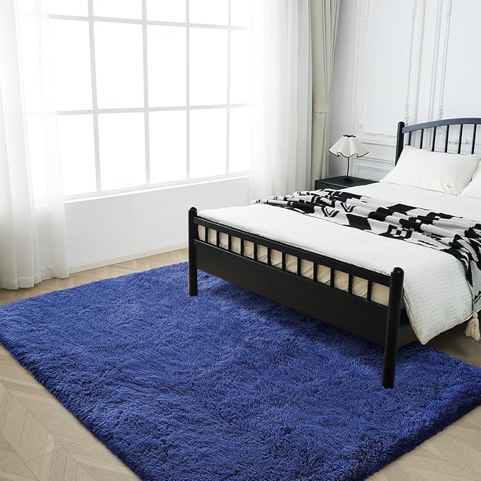 Blue Fluffy Rug Shaggy Area Rug, 5x8 Area Rugs for Girls Bedroom, Soft Cute Baby Play Mat, Indoor Floor Carpet for Teen, Nursery, Preppy Dorm, Plush Aesthetic Bedside Rug