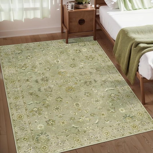 3x5 Area Rug Floral Rug for Bedroom, Washable Vintage Rugs Indoor, Non Slip Accent, Print Distressed Flaxen Green Carpet, Soft Low Pile for Living Room Dorm Bedroom Bedside Entryway